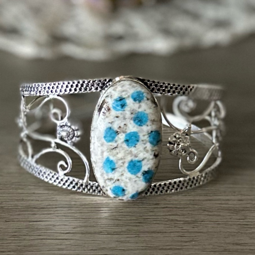0670 Simulated K2 Stone Adjustable Bangle Silver Statement Bracelet Cuff